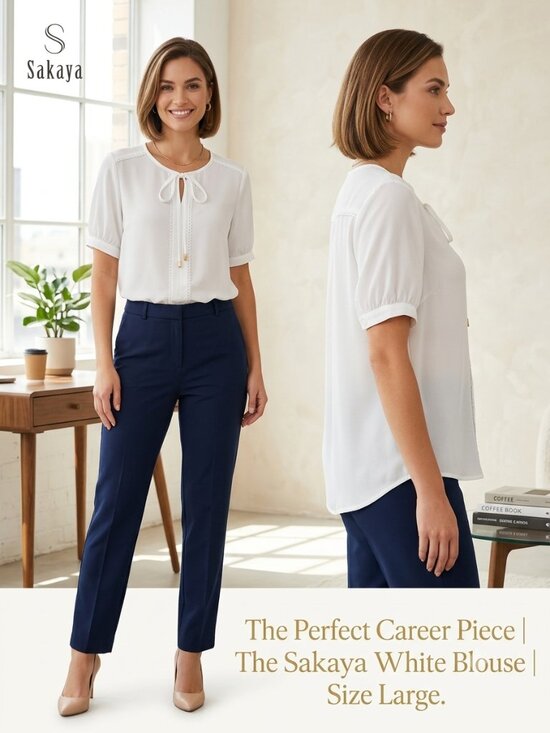 Sakaya Tops - Sakaya White Office Tie-Neck Career Top Women's Short-Sleeve Blouse - Size Large